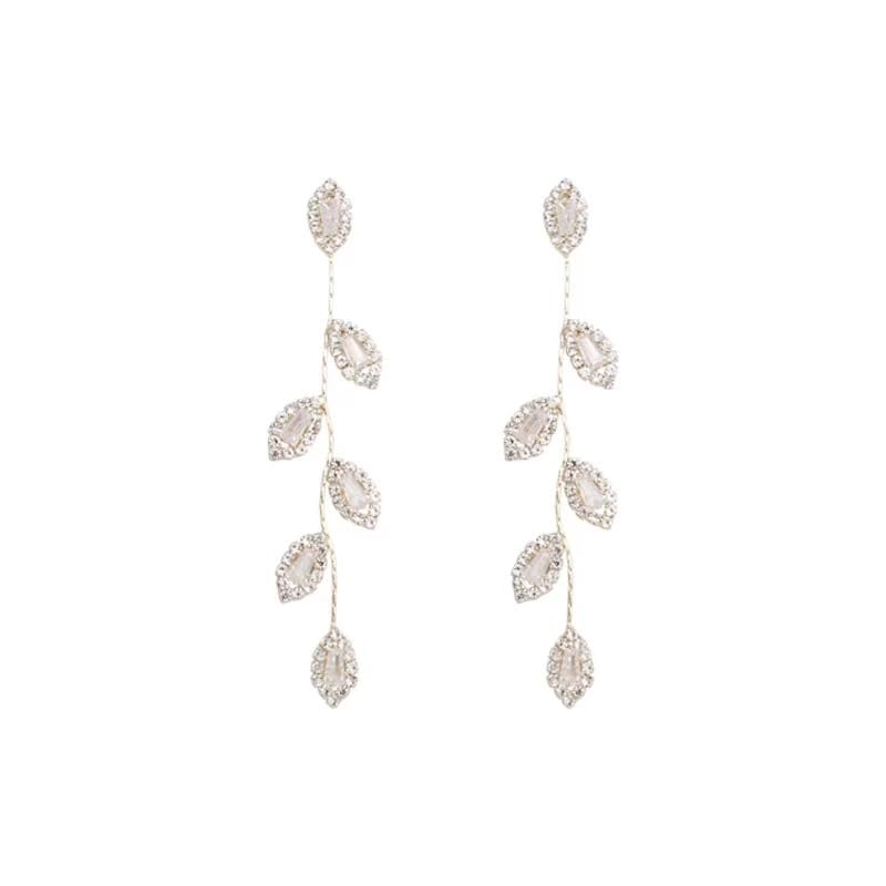 BSLVWG Cristal Feuilles Pendentif Boucles d'Oreilles Gland Strass Or CZ Longues pour Mariage - Femme Mariée et Fille Bijoux (Argent)