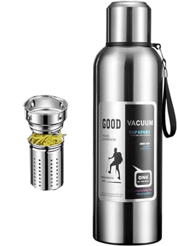 魔法瓶 水筒 保温保冷 保温ポット 1リットル 2リットル ステンレスボトル コップ付 茶こし付き 真空断熱 スポーツボトル 直飲みポット 大容量 広口 スポーツ飲料対応 おしゃれ アウトドア 山登り 運動 遠足 キャンプ用(シルバー,800ml)