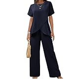 AACH Hosenanzug Damen Sommer Outfits Elegant Slim Fit 2-Teiliges Kurze Ärmel Rundkragen Oberteile und Weite Hose Zweiteiler Geschäft Büro Sportanzug Locker Einfarbig Freizeitanzug Mode Anzug