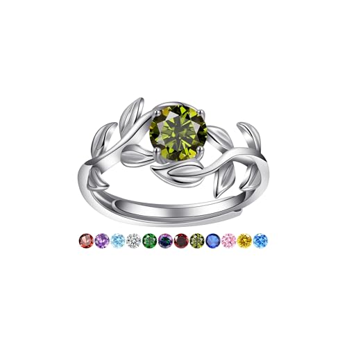 0.8CT Adjustable Women Leaf Ring, 12-Month Birthstone Rings for Women 6mm Round-Cut Simulated Gemstone Statement Engagement Stackable Ring, White Gold, Open Size 5-9