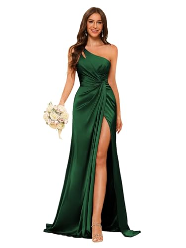 Women's One Shoulder Ruched Bridesmaid Dresses Long with Slit Satin Formal Prom Dress VS117