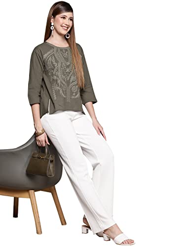 Image of ishin Women's Olive Embroidered High-Low Regular Fit Top