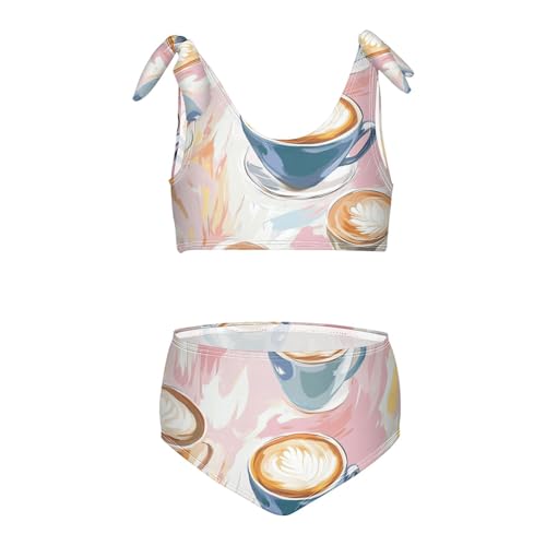 Coffee Cups Girl 2 Piece Kids Bikini Set Scoop Neck Swimsuits Swimwear Cute Shoulder Strap