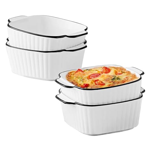 Juego de 4 cazuelas de cerámica, 400 ml, pequeñas con asas, mini cazuelas para freidora de aire caliente, horno, microondas, 14,2 x 12 x 5,4 cm