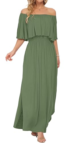 Image of AUSELILY Womens Off Shoulder Ruffle Split Summer Maxi Dresses with Pockets | Off-shoulder Ruffle dress with empire waist & side split for summer beach and casual parties