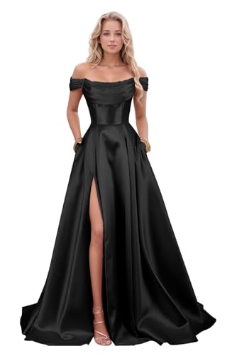 EAURIC Off Shoulder Satin Long Prom Dress Plus Size Ball