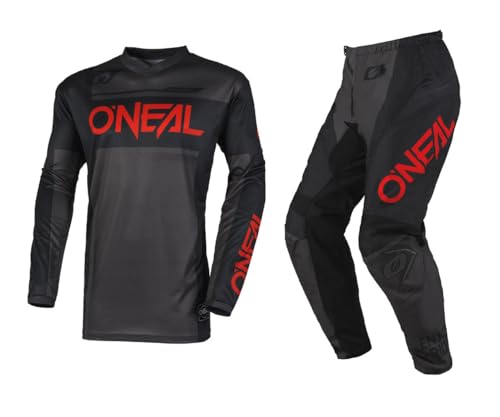O'NEAL 2025 Element Racewear Jersey Adult Motocross Offroad Gear Combo (Black/Gray/Red,Large/34)