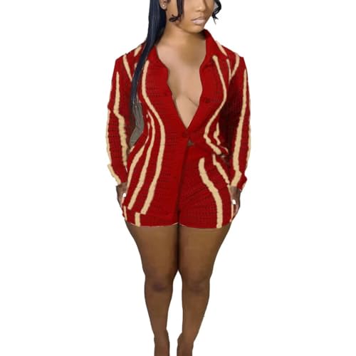 Image of Womens Fashion Stripe Knit Sweater Cardigan 2 Piece Outfits，Long Sleeved Woollen Cardigan and Shorts Suit