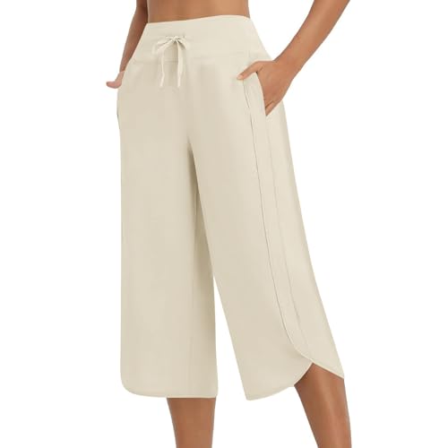 SHOPESSA Womens Capris for Summer Loose High Waisted Wide Leg Lounge Pants Casual Lightweight Drawstring Cropped Pants