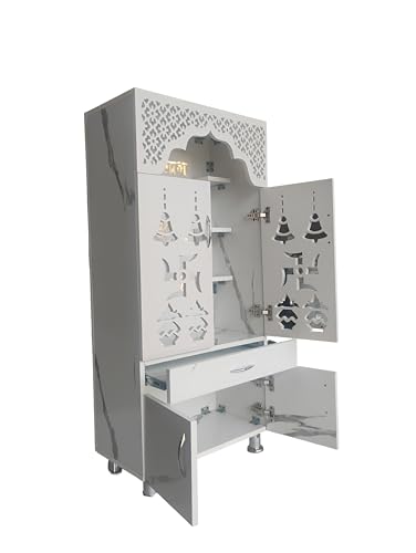 Image of Home Temple Pooja Mandir with LED Light, White Engineered Wood, Traditional Indian Style, 51x24x13 Inch, Om Symbol Design