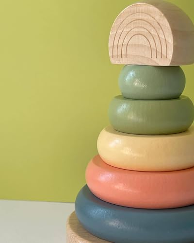 Image of Pearhead Wooden Rainbow Stacking Ring Toy, Montessori Baby Stacker | Neutral Color Sorting Rings, Fine Motor Play, Hand-Eye Coordination, Nursery Decor, Baby or Toddler Gift, Ages 12M+