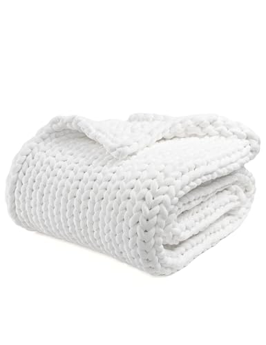 YnM Velvet Weighted Blanket, Handmade Chunky Knitted Design, Soft and Cozy, Temperature Regulating and Breathable, Machine Washable Throw for Sleep or Home Decor (White, 80x87 Inch, 25lbs)