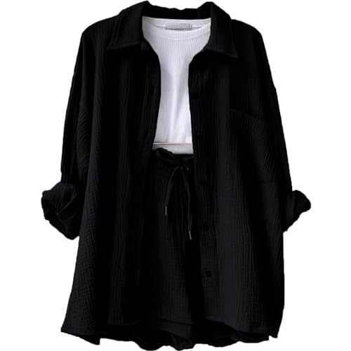 Two Piece Sets for Women Going Out Womens Loungewear Matching Oversized Long Sleeve Shirts and Shorts Resort Wear for Women 2025 Conjuntos De 2 Piezas para Mujer Womens Beach Fashion Black XL