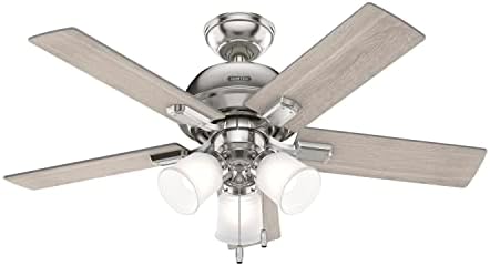 Hunter 44 inch Indoor Ceiling Fan with LED Lights - Ceiling Fan with Pull Chain, For Bedroom or Living Room, Standard Mount, No Remote, 5 Blades, Includes Bulbs - Crystal Peak 51789, Brushed Nickel