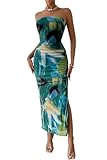 PRETTYGARDEN Women's Summer Maxi Bodycon Dresses Strapless Tube Top Printed Long Party Club Slit Dress (Print Green,Medium)