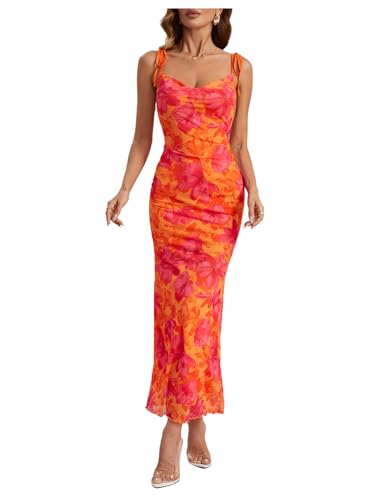 Image of GORGLITTER Women's Floral Birthday Wedding Guest Dress Mesh Ruched Derby Party Bridal Shower Summer Beach Sun Dresses Orange Small