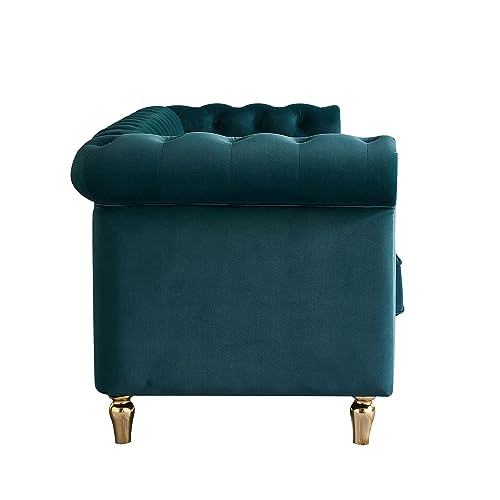 Image of KEIKI 85 inch Chesterfield Velvet Tufted Button Sofa with Deep Seat Cushions and Rolled Arms, Modern Style 3-Seater Couch Decorated with Gold Strip, Easy Assembly, for Living Room, Bedroom, Office, Green