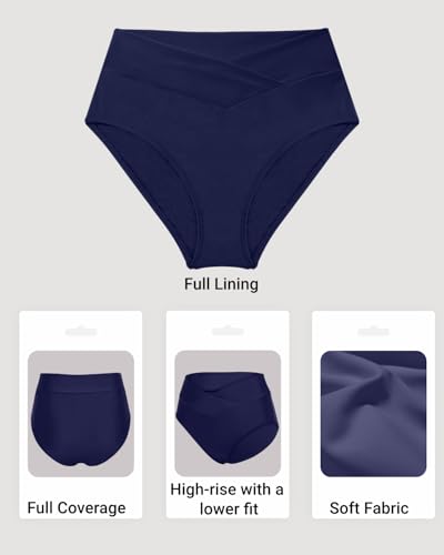 Image of Women V Cut Full Coverage Bikini Bottom - High Waist Swim Bathing Suit Bottoms Cross V Front Swimsuit