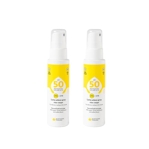 Biofficina Toscana Leche solar en spray para el rostro y el cuerpo SPF50 (2 x 100 ml) – Protección solar muy alta a prueba de arrecifes – con helichrysum y gordolobo orgánico toscano, acción emoliente