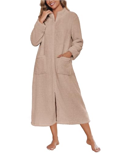 Image of Ekouaer Women Zipper Robe Fleece Long Sleeves Bathrobe Sleepwear Warm Soft Housecoat with Pockets Zip Up House Dresses