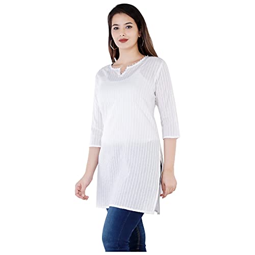 Image of Women Cotton Solid 3 /4th Sleeve V-Neck Short Kurta