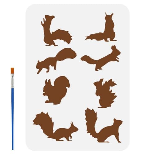 FINGERINSPIRE Various Squirrels Painting Stencil with Plastic Paint Brush 8.3x11.7inch Multiple Squirrels Pattern Template Reusable Squirrels Animal Theme Template for Painting on Wood Wall Furniture