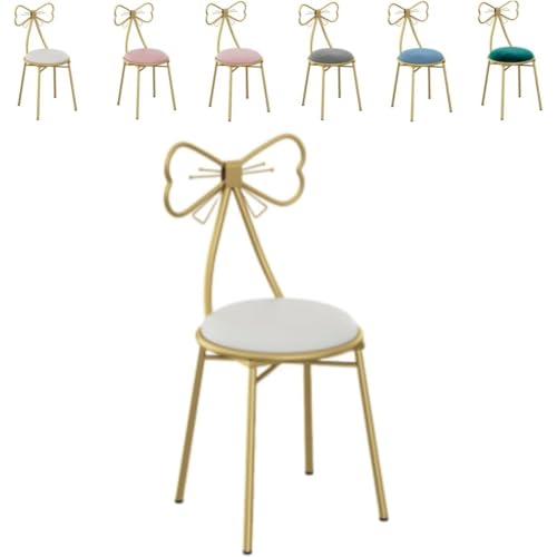 ドレッサー スツール ダイニング デスク 化粧椅子 ラウンジ メイクアップチェア イス鏡台用 創造的なリボンの形の装飾背もたれ椅子ゴールデンPUレザー フランネル 柔らかい 寝室 化粧台 美容院 家庭用 (ホワイトレザーパッド)