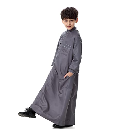 OBEEII Boy's Muslim Arab Thobe Solid Color Long Sleeve Kaftan Robe Islamic Arabic Abaya Thobe3