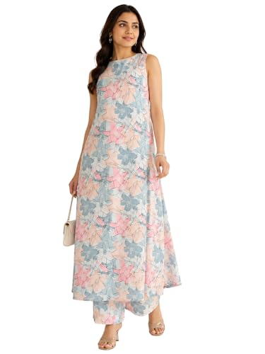 Image of Leriya Fashion Women's Summer Printed Kurta Pant Set | Sleeveless Lightweight Kurti with Palazzo Pants | Kurti Set for Woman | Casual, Office, Vacation & Everyday Outfit | Ethnic Kurta Sets for Woman