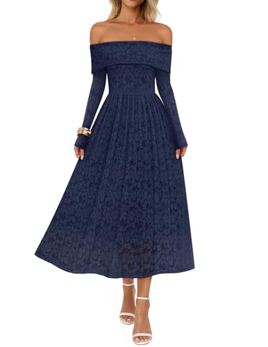 MEROKEETY Women's 2025 Fall Long Sleeve Floral Midi Dress Off Shoulder Wedding Guest Formal Long Flowy Dresses, DarkBlue, Large