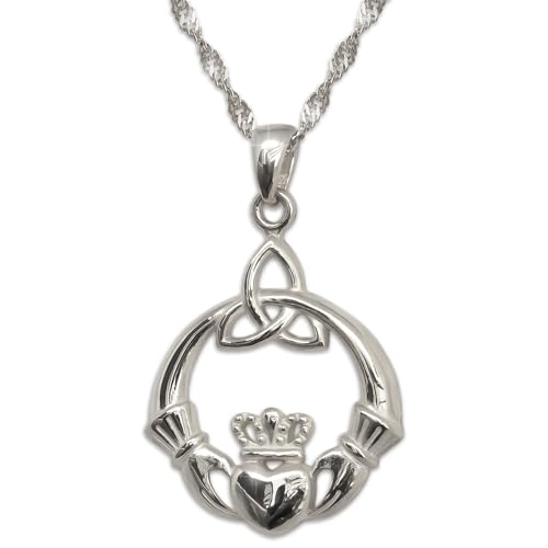 925 Sterling Silver Irish Claddagh Necklace - Trinity Celtic Knot Pendant with 20