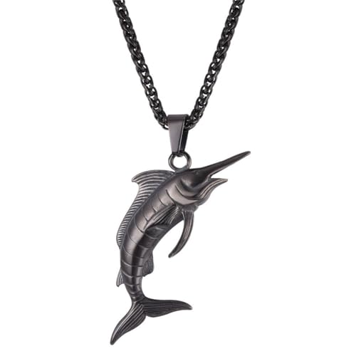 U7 Stainless Steel Shark Necklaces,18K Gold Plated Dolphin/Swordfish/Shark Pendant Necklace,Punk Mens Jewelry 2.Swordfish-Black