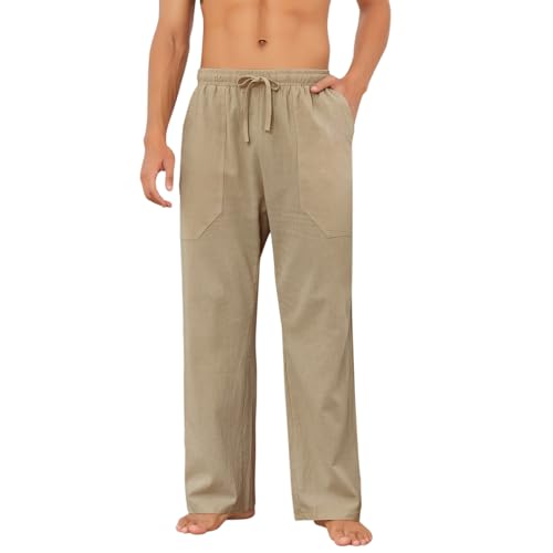 Puimentiua Cotton Linen Pants Men Casual Loose Fit Elastic Drawstring Waist Summer Beach Pants2