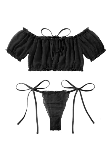 Image of Lilosy Sexy Stretch Ruffle Tie Sheer Mesh Lingerie Set Outfits