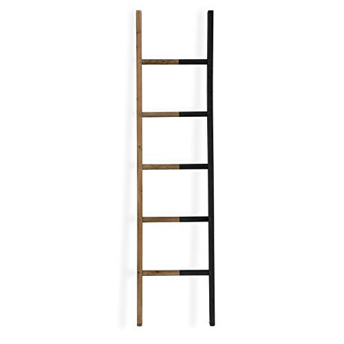 FUIN 5.4 Ft Wood Wall Leaning Decorative Ladder Shelf Rack, for Blanket Quilt Towel Throws Scarves Storage, Modern Farmhouse Bathroom Bedroom, Black and Natural