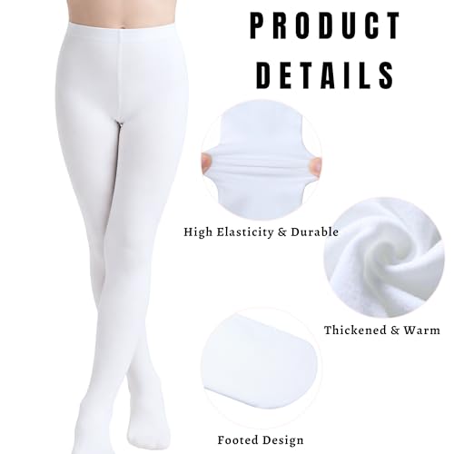 Danzcue Girls Fleece Lined Footed Tights - Warm Thermal Footed Tights for Toddler & Little Girls, Elastic Waist Dance & Daily Wear, White, 4-6 Years