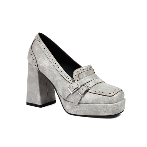 Image of Women's Leather Buckle Chunky High Heel Loafers Pumps Fashion Closed Round Toe Slip On Platform Block Heel Pumps Comfort Office Work Dressy Shoe