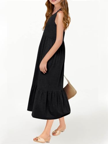 Batermoon Girls Summer Dress Sleeveless Flowy Tiered Casual Long Maxi Dress with Pockets2