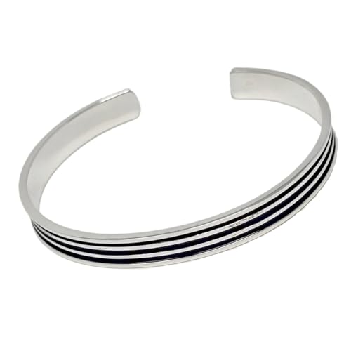 Men's Solid 925 Sterling Silver Bangle, Triple Enamel Lines Silver Cuff Bracelet for Men3