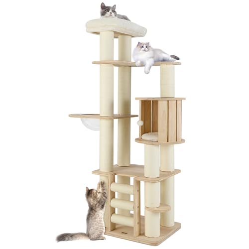 Tangkula 71” Tall Cat Tree, Multi-Layer Wood Cat Tower with Scratching Posts, Perch, Condo, Space Capsule, Ladder, Dangling Ball, Washable Cushions, Modern Cat Tree Tower for Indoor Cats Large Adult