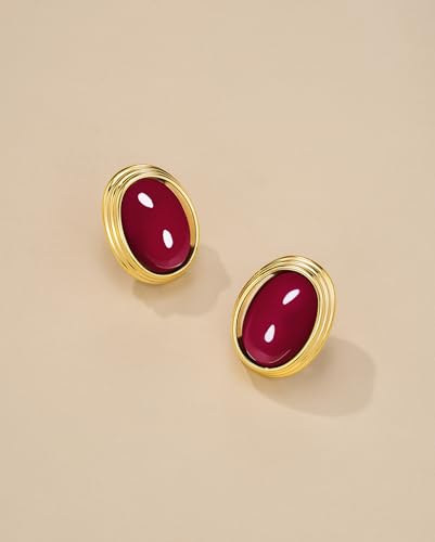 Gold Maroon Red Carnelian Round Oval Ribbed Button Chunky Statement Earrings for Women by SNGIA, Bold Handmade Exaggerated Dome Retro Rounded Button Trendy Bohemian Gemstone Stud Jewelry Gifts, Unique Vintage Baroque Stone Summer Beach Fashion Earrings Accessories, Thick Circular Nickle Free Huggies Earrings. 5
