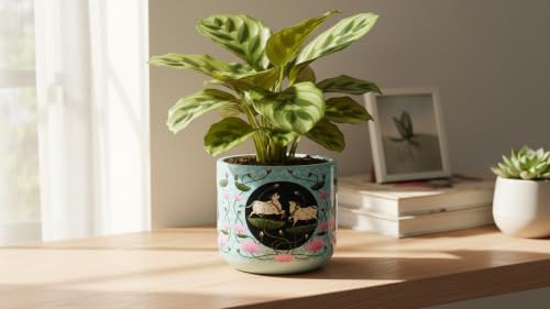 Image of Kamdhenu Terracotta Planter for Indoor Plants, Decorative Plant Pot with Lotus & Cow Artwork, Indian Traditional Home Decor, Flower Pot for Living Room, Balcony & Gifting