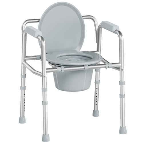 SOUNDFUSE 3 in 1 Bedside Commode Chair, Sturdy Dual-Crossbar Support, 350 Lbs Weight Capacity, Bedside Commode for Seniors with 7.5Qt Bucket, Portable Potty Chair for Adults, Silver