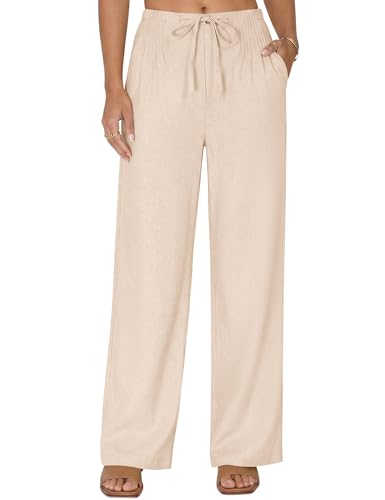 LOMON Cotton Pants for Women Loose Elastic Waist Drawstring Pants Women Spring Wide Leg Business Casual Trousers Khaki