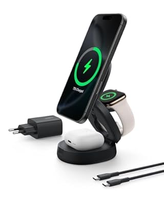Belkin BoostCharge Cargador Inalámbrico Compatible con MagSafe Estación de Carga Inalámbrica 3 en 1 de 15W Certificación Qi2 iPhone 17 Air Pixelsnap Apple Watch y AirPods Adaptador 36W - Negro