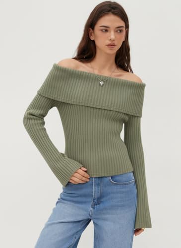Image of CIDER Off The Shoulder Tops for Women Long Sleeve Going Out Y2K Tops Knit Pullover Fall Outfits Trendy