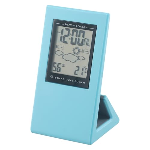 hxoity Solar Energía Despertador, Cubierta De Temperatura/Humedad Estación Meteorológica Inalámbrica Electrónico Snooze Reloj De Escritorio De Doble Poder(Blue)