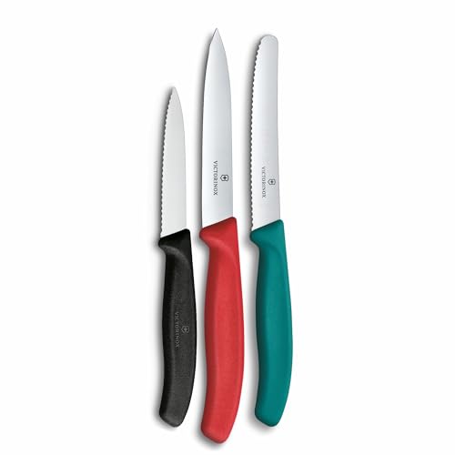 Victorinox Swiss Classic Gemüsemesser, Tomatenmesser und Frühstücksmesser Set, 3-teilig, Extra Scharf, Farbig