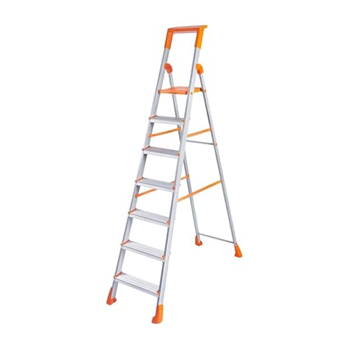 Image of Amazon Basics Clamber Pro+ - Foldable7 Step Ladder with Tool Tray, Firm Grip, 7 Steps (Aluminium Steps, Orange & Satin)