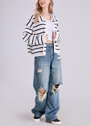 chouyatou Women's Button Down Striped Cardigan Sweater Polo Collar Open Front Knit Jacket 2024 Fall Outfits4